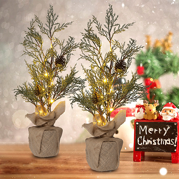 Pre-lit Artificial Mini Christmas Tree  2 Pack Tabletop Christmas Tree with LED Light for Christmas Decorations  Lit Small Xmas Tree for Home Decor -25 inches